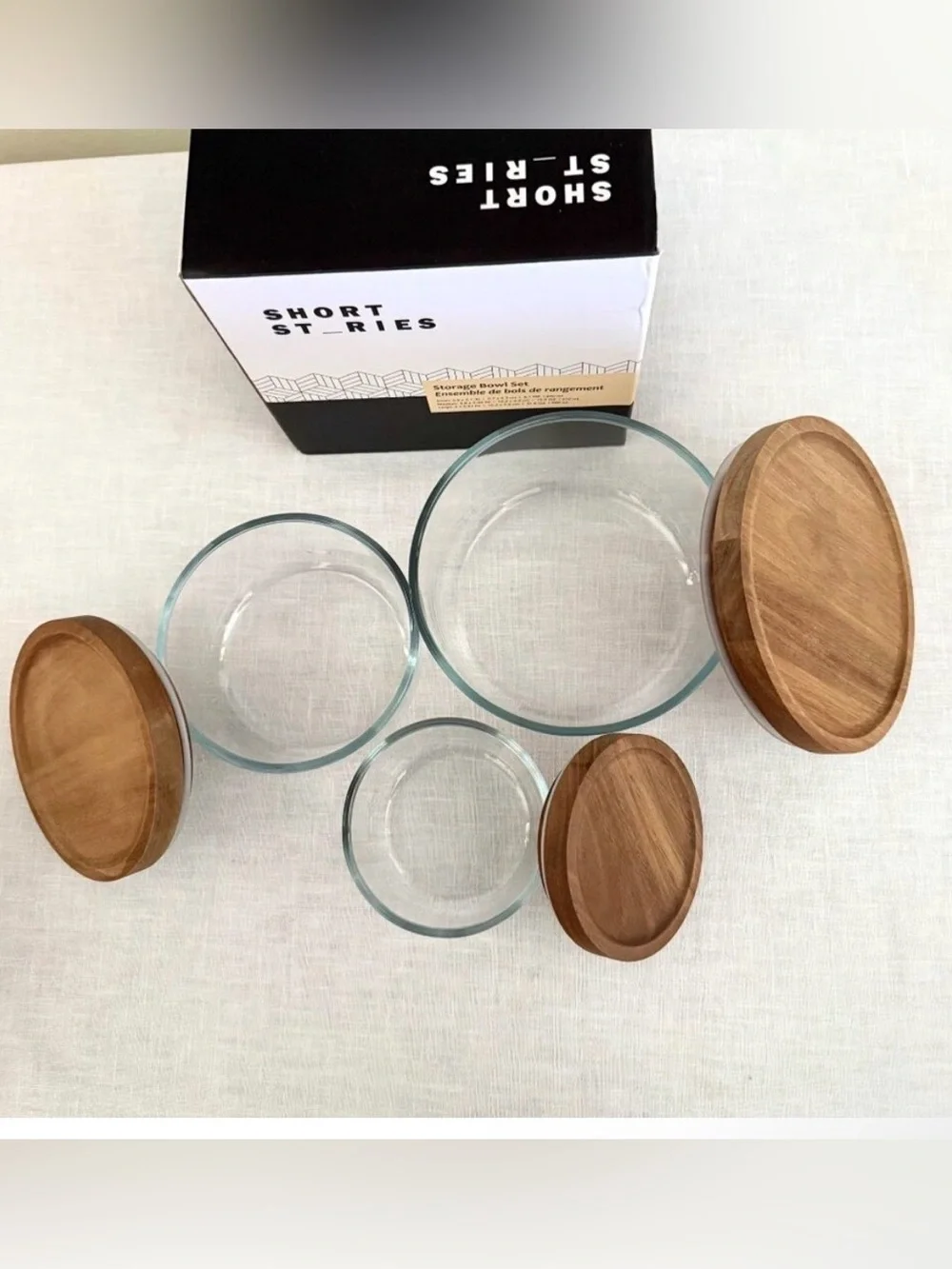 Short Stories NIB Glass Storage Bowl Set Acacia Wood Lids 3pc Boho